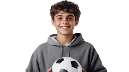 Smiling teen boy in sportswear holding soccer ball isolated on transparent background