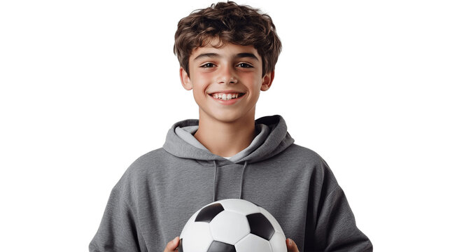 Smiling teen boy in sportswear holding soccer ball isolated on transparent background