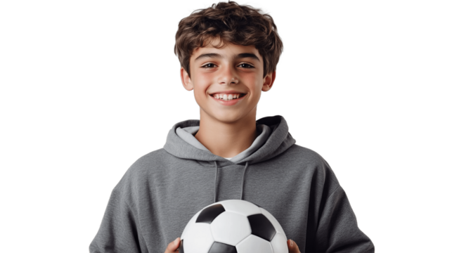 Smiling teen boy in sportswear holding soccer ball isolated on transparent background