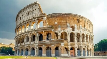 Naklejka premium The majestic Colosseum at sunset, illuminated by golden light under dark storm clouds in the heart of Rome