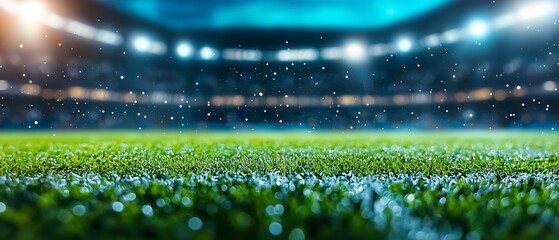 futuristic sports arena with augmented reality experiences, featuring vibrant green field under bright stadium lights, creating immersive atmosphere