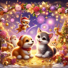 Fototapeta premium Cute Kitten and Puppy in Festive Christmas Setting