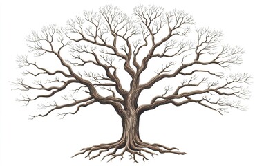 Detailed illustration of a leafless tree showcasing intricate branches and roots on a white background during winter season