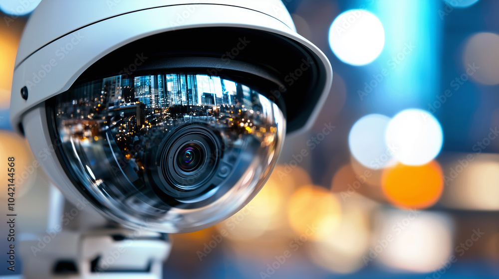 Poster high tech security camera monitors smart city, reflecting urban lights and skyscrapers. image captur