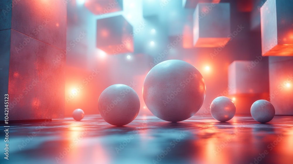 Poster This artwork features glowing spheres of varying sizes and colorful floating cubes in a mysterious digital environment, creating an otherworldly atmosphere.
