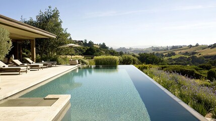Serene infinity pool overlooking lush hills in a peaceful countryside setting during a sunny daytime
