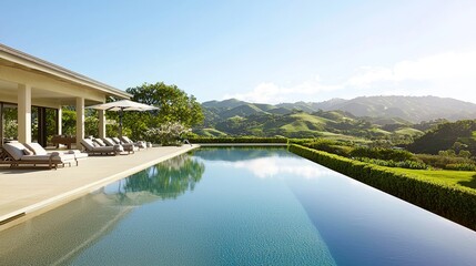 Serene infinity pool overlooking lush green hills during sunny afternoon at a modern villa retreat