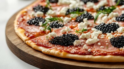 Close up of pizza topped with black caviar