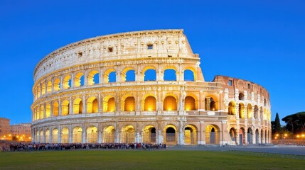 Naklejka premium The majestic Colosseum at sunset, illuminated by golden light under dark storm clouds in the heart of Rome