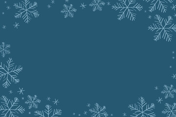 Vector flat blue winter banner with snowflakes. Hand drawn background with imitation of frozen window, ice on glass. Border for text with congratulations on New Year, Christmas, invitation, design