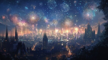 Obraz premium Detailed depiction of fireworks illuminating a bustling city skyline, with intricate bursts and sparkling trails in the night sky.