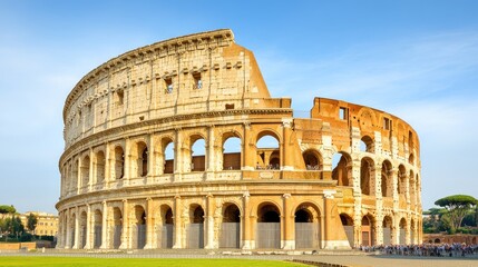 Fototapeta premium The majestic Colosseum at sunset, illuminated by golden light under dark storm clouds in the heart of Rome