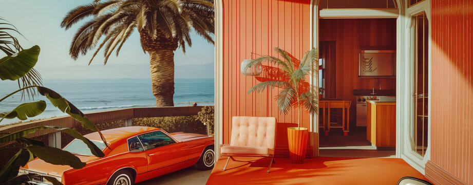 Classic vintage car parked on balcony of retro beach house with ocean view and palm trees at sunset