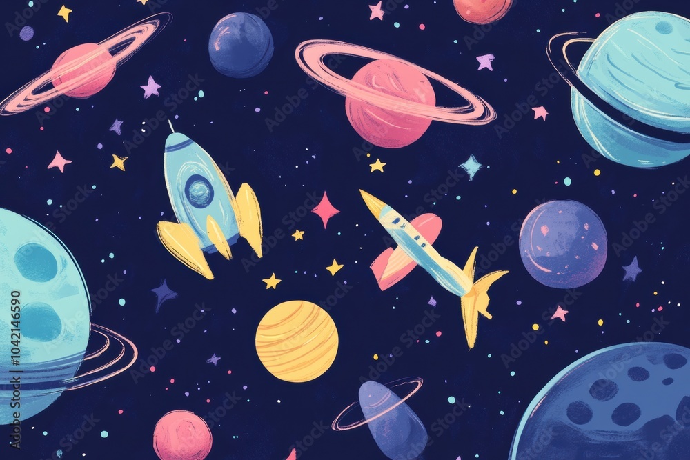 Poster whimsical doodles feature vibrant planets, rockets, and stars floating against a dark cosmic backdro