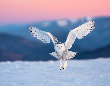 Un b&uacute;ho blanco de nieve con ojos amarillos volando sobre la nieve por la ma&ntilde;ana, con una monta&ntilde;a blanca nevada