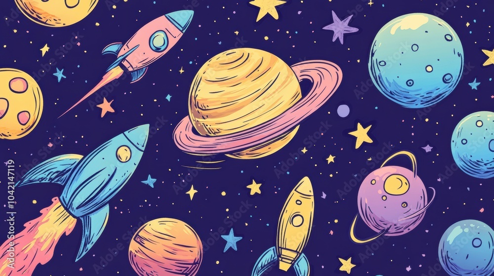 Poster vibrant doodles showcase planets, stars, and rockets in a cosmic design, combining creativity with a