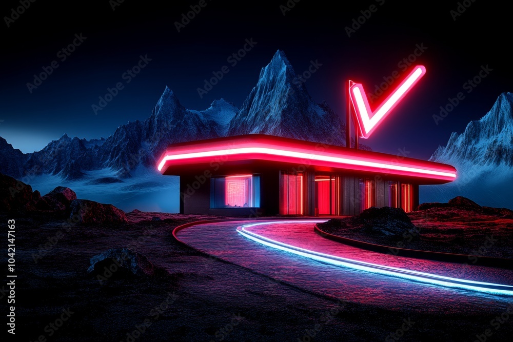 Poster cyberpunk version of monte fitz roy, with neon lights illuminating the peaks and a futuristic city i