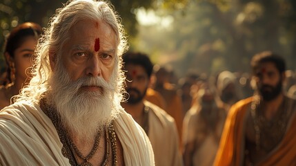 Obraz premium An older Indian man with a long white beard and a red dot on his forehead stares intensely at the camera.