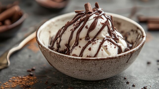 Vanilla ice cream with chocolate sauce in a ceramic bowl