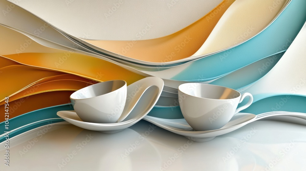 Poster two elegant cups and saucers rest on a smooth surface, highlighted by vibrant, flowing waves in shad