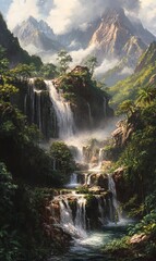 Obraz premium Waterfall cascading through lush, misty jungle.