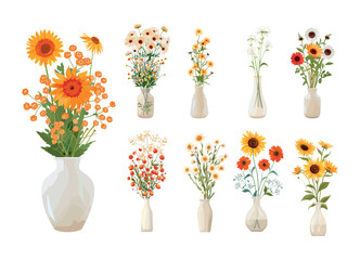 Obraz premium Fresh flower bouquets cartoon vector set. Blossoms vases branches chamomile sunflower bundles, nature floret herbs home plants blooming interior decoration isolated illustration