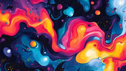 Vibrant Neon Swirls in Space Background. Hand drawn groovy psychedelic background. Abstract wavy swirly pattern.