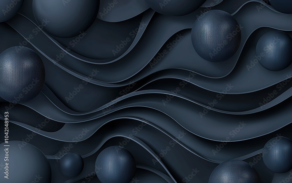 Poster textured dark blue abstract background with flowing wave patterns and spherical elements for modern 