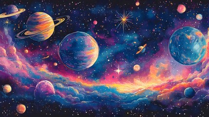 Colorful Hand-Drawn Cosmic Scene with Planets