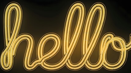 Yellow neon sign with "Hello" in wavy font on dark background