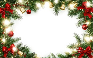 A festive Christmas decoration featuring greenery, red bows, shiny ornaments, and golden bells, perfect for holiday celebrations