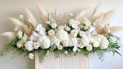 Elegant white floral arrangement with hydrangeas, grasses, and dried flowers for a natural atmosphere on a rustic wooden box
