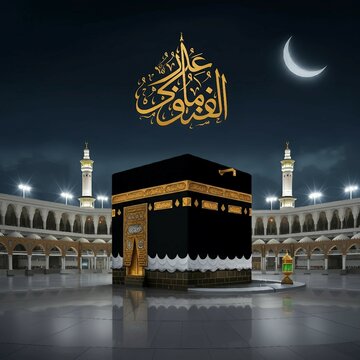 Kaaba at Night with Crescent Moon and Arabic Calligraphy Design for Eid Mubarak