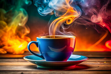 Obraz premium A vibrant blue cup emits colorful steam on a wooden surface, creating an artistic, warm atmosphere.