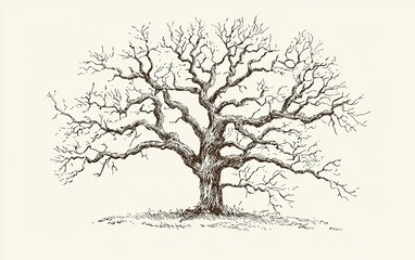 Detailed illustration of a leafless oak tree standing alone in a grassy area during winter