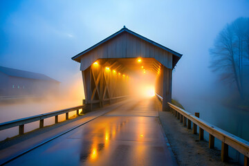 A serene, foggy scene of a illuminated covered bridge, enhancing the tranquil atmosphere with reflections on wet surfaces.