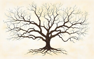 Fototapeta premium A detailed illustration of a bare tree with an intricate branch structure against a soft beige background