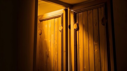 Yellow light shining on wooden door in dark room