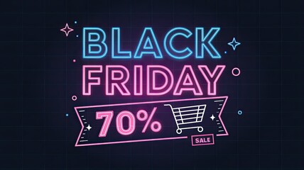 Back Friday Background, Black Friday sale neon sign, glowing letters with 70% discount offer.