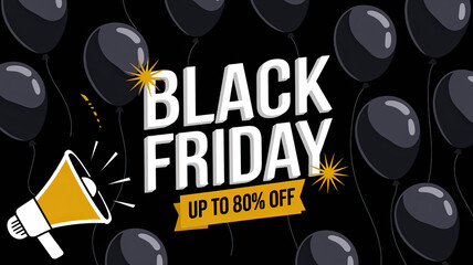 Back Friday Background, Black Friday sale promotion with balloons and a megaphone on a black background.