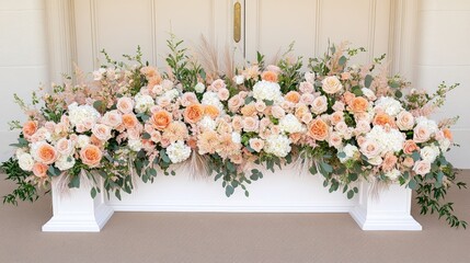 Elegant white floral arrangement with hydrangeas, grasses, and dried flowers for a natural atmosphere on a rustic wooden box