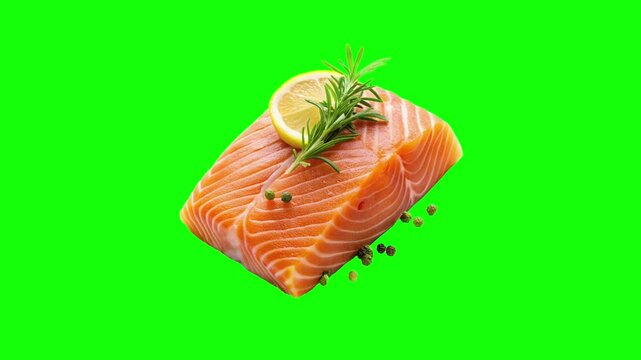 Slice of salmon beaf green screen animation motion graphic with chroma key clip template 4k Background. Easy removed green screen. High resolution. Ultra High Definition, 4k video.