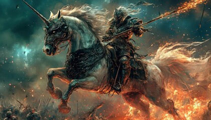 A warrior unicorn with battle armor, leading a charge through a fantasy battlefield