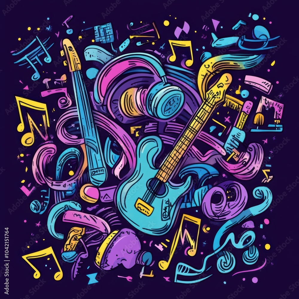 Aufkleber A dynamic collection of doodles showcases various musical instruments, sound waves, and notes in an engaging and colorful design. Generative AI