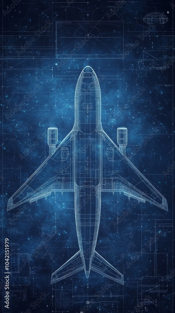 Aufkleber wireframe model of a passenger airplane appearing from a technical blueprint background, suggesting 