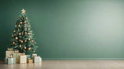 Fototapeta premium A beautifully decorated Christmas tree stands beside neatly wrapped gifts, set against a simple green wall in a cozy, festive room.