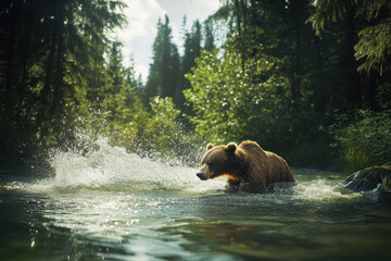 Grizzly bear wading through sunlit forest stream at dawn