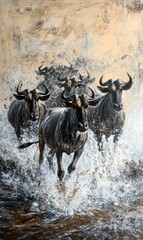Wildebeest herd running through water.