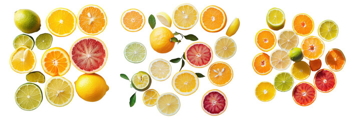 Fototapeta premium Set of citrus fruits including lemons, limes, and oranges, sliced to reveal their juicy interiors isolated on transparent background