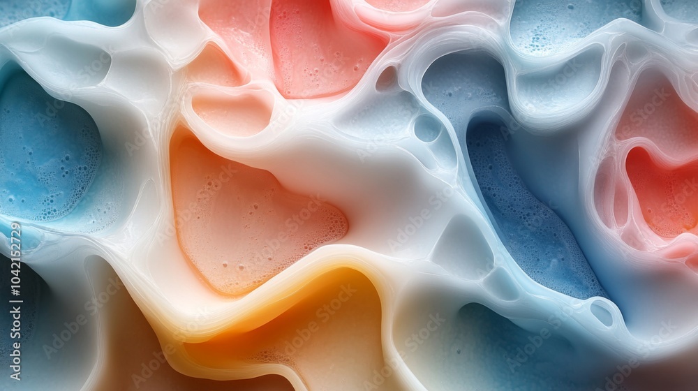 Poster bright and colorful abstract design featuring intricate swirls of pastel colors including blue, oran